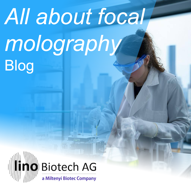 Blog cover for the article on focal molography: a researcher in a lab coat and safety goggles working in a laboratory