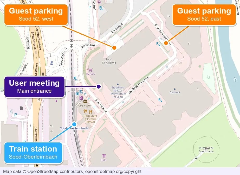 Map of Soodstrasse 52 in Adliswil showing the main entrance, the Sood-Oberleimbach train stop and the two guest parking areas