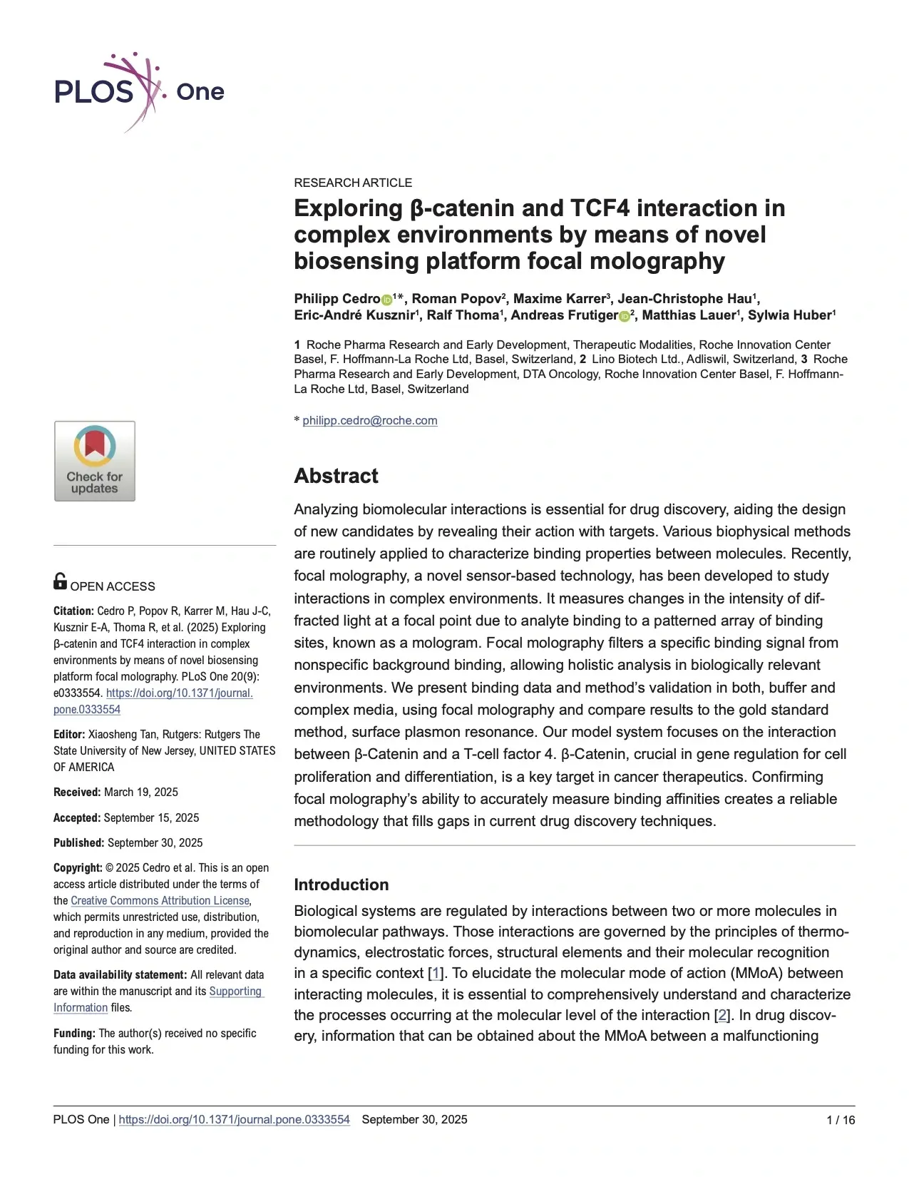 2025 Cedro Exploring β-catenin and TCF4 interaction in complex environments by means of novel biosensing platform focal molography