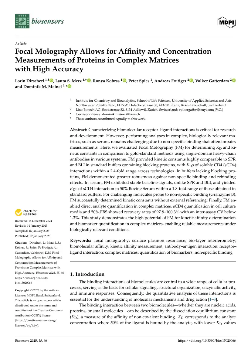 2025 Dirscherl Focal Molography Allows for Affinity and Concentration Measurements of Proteins in Complex Matrices with High Accuracy